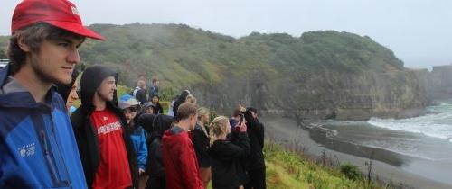 学生们站在山坡上看大海，背景是崎岖的海岸线.